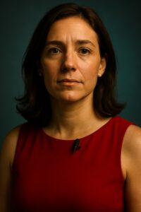 Young woman in red dress speaking candidly about acute myeloid leukemia diagnosis