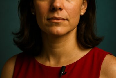Young woman in red dress speaking candidly about acute myeloid leukemia diagnosis