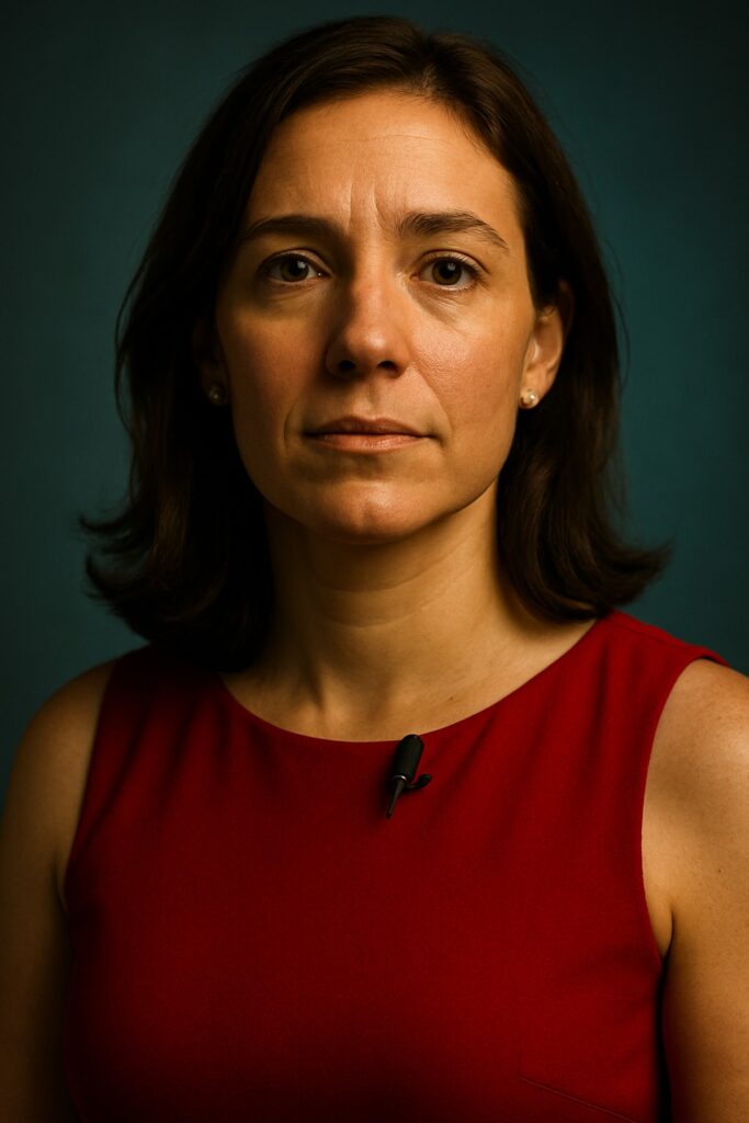 Young woman in red dress speaking candidly about acute myeloid leukemia diagnosis