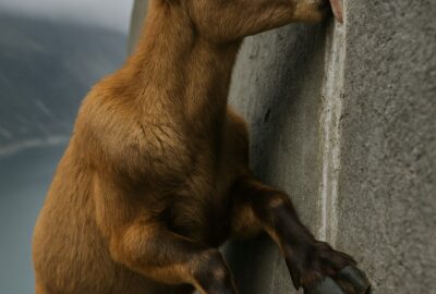 Adult Alpine ibex with curved horns licking mineral salts from a near-vertical granite cliff face
