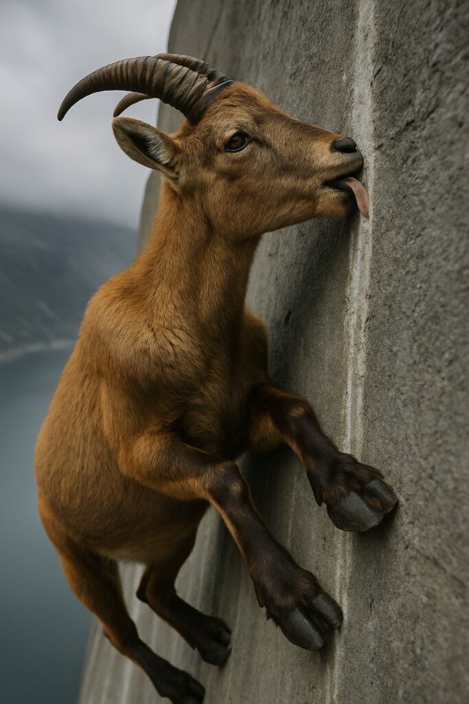 Adult Alpine ibex with curved horns licking mineral salts from a near-vertical granite cliff face