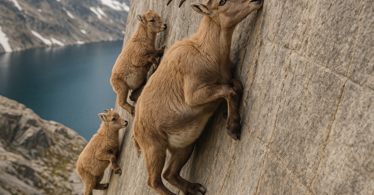 Juvenile Alpine ibex clinging to steep dam wall with splayed hooves in the Italian Alps
