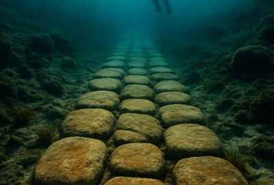Scuba diver explores ancient submerged stone pathway stretching into blue Adriatic depths