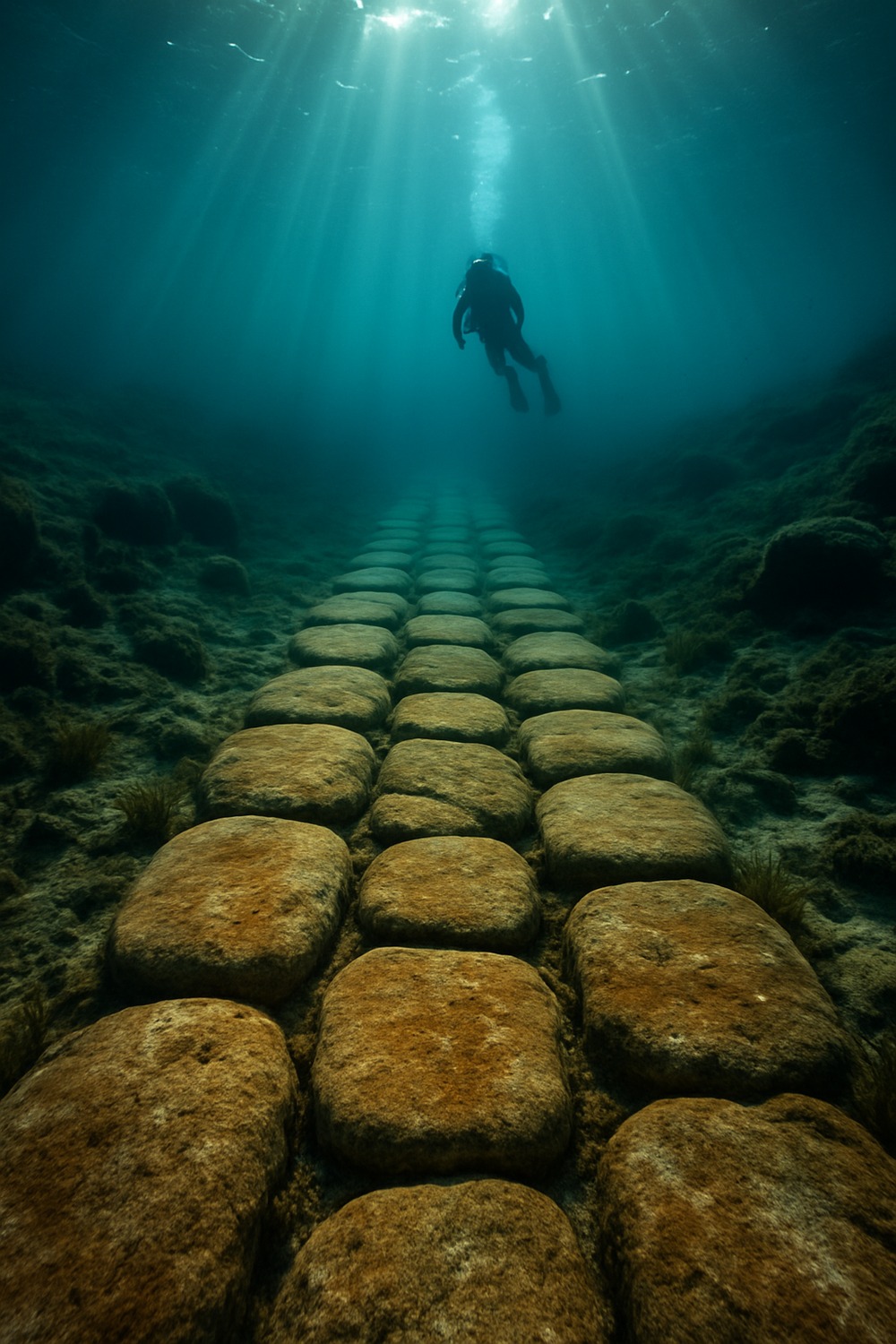 Scuba diver explores ancient submerged stone pathway stretching into blue Adriatic depths