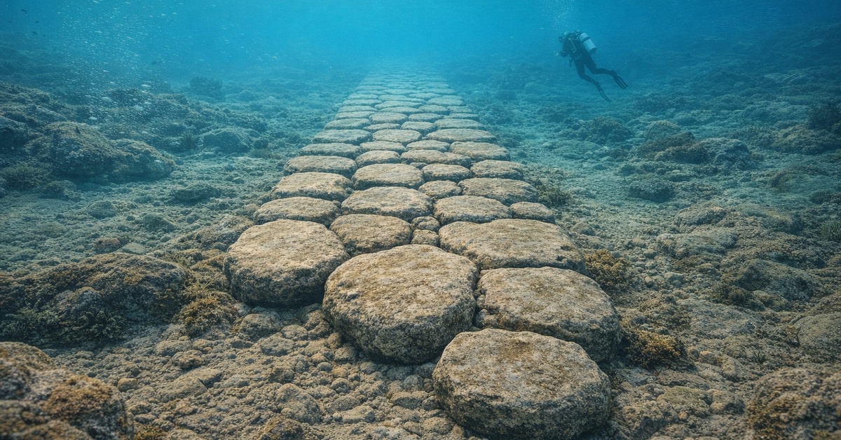 Underwater close-up of weathered Mesolithic stone wall blocks on Adriatic seafloor
