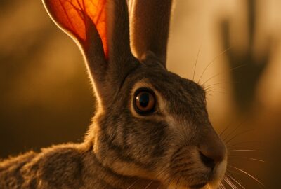 Antelope jackrabbit with giant backlit ears revealing vivid orange vein networks in Sonoran Desert scrubland