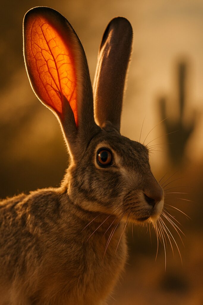 Antelope jackrabbit with giant backlit ears revealing vivid orange vein networks in Sonoran Desert scrubland