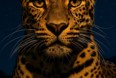 Arabian leopard standing alert on a rocky mountain ridge under moonlit night sky