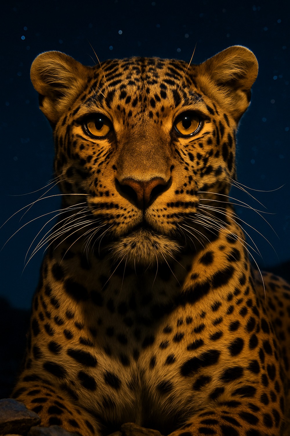 Arabian leopard standing alert on a rocky mountain ridge under moonlit night sky
