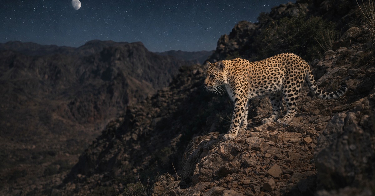 Camera trap image of an Arabian leopard walking through rocky terrain at night in Oman