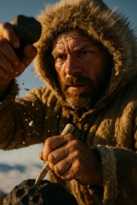 A fur-clad man kneels in Arctic snow shaping dark meteorite iron with a basalt hammerstone