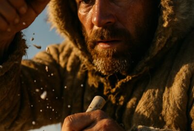 A fur-clad man kneels in Arctic snow shaping dark meteorite iron with a basalt hammerstone