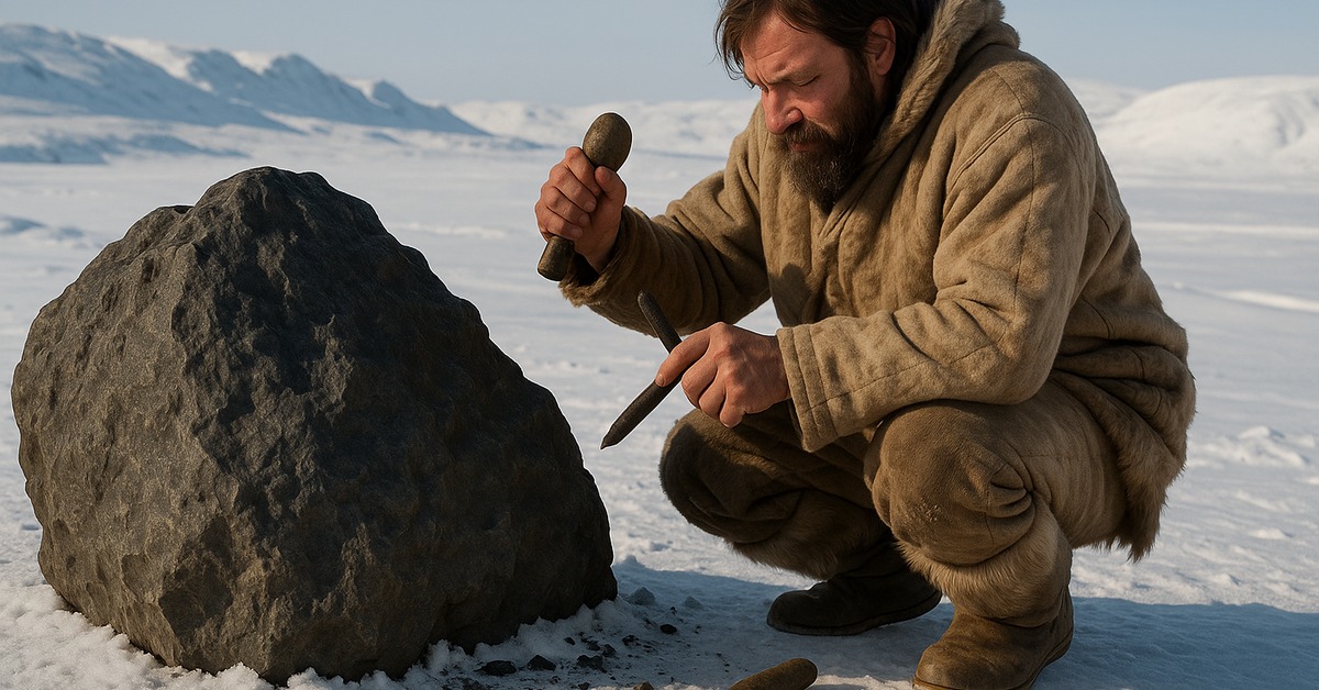 Cape York meteorite fragment displayed in a museum, showing characteristic iron-nickel structure