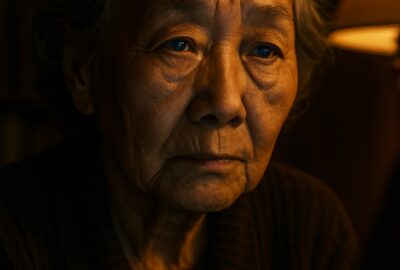 Elderly Japanese woman alone at night typing on laptop in warm dim light