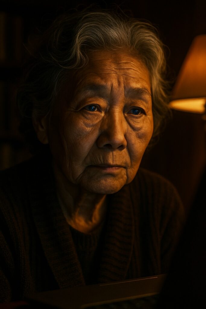Elderly Japanese woman alone at night typing on laptop in warm dim light