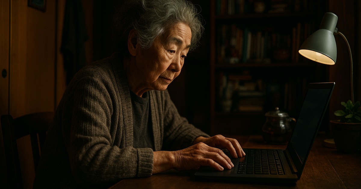 Silver-haired older woman reading laptop screen in shadowy home study