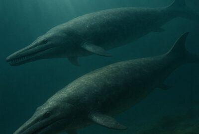 Two ancient archaeocete whales swimming through prehistoric ocean with dappled light filtering down