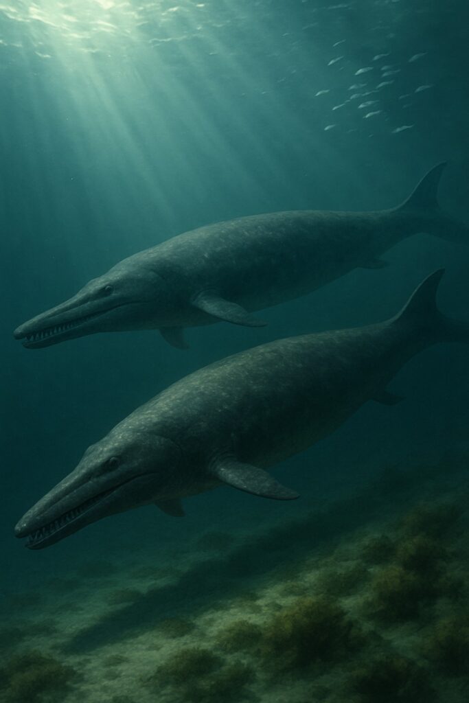 Two ancient archaeocete whales swimming through prehistoric ocean with dappled light filtering down