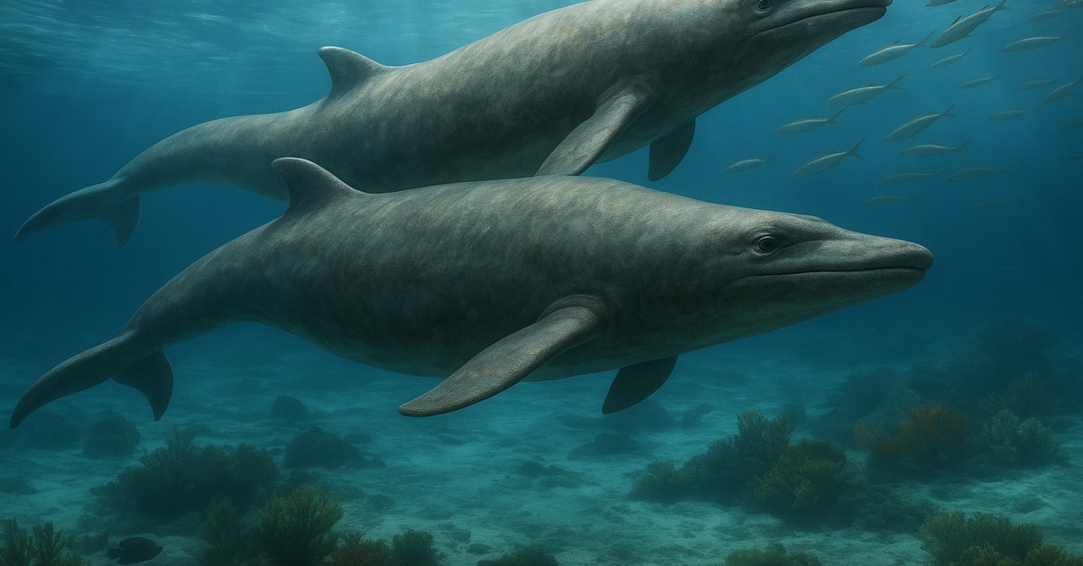 Massive primitive whale gliding above sandy seafloor in shallow prehistoric ocean depths