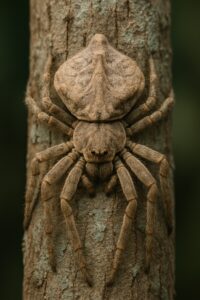Wrap-around spider flattened against rough tree bark in Australian woodland