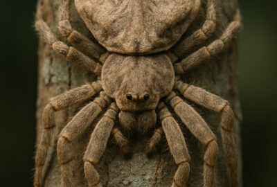 Wrap-around spider flattened against rough tree bark in Australian woodland