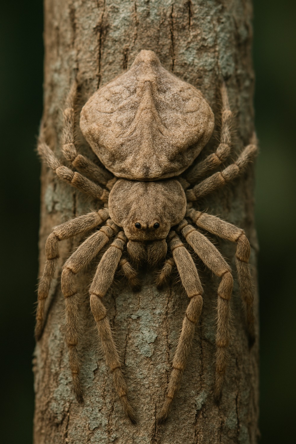 Wrap-around spider flattened against rough tree bark in Australian woodland