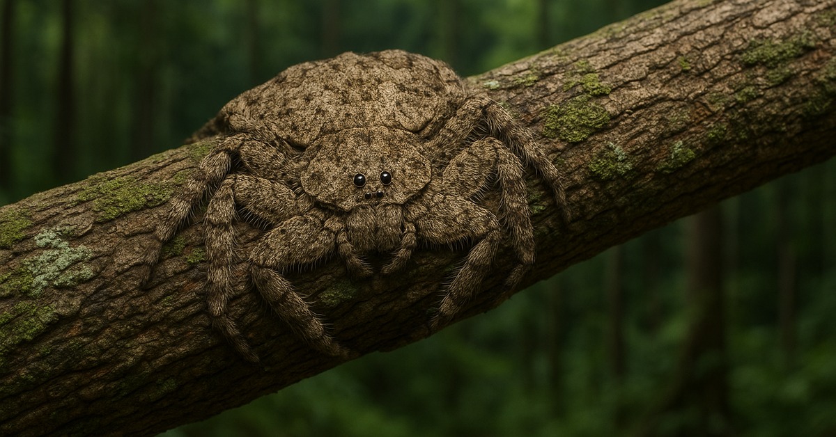 Close-up of wrap-around spider merging with lichen-covered bark texture