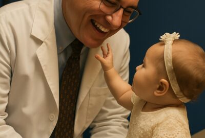 Smiling doctor in white coat joyfully interacting with healthy infant girl in lace dress