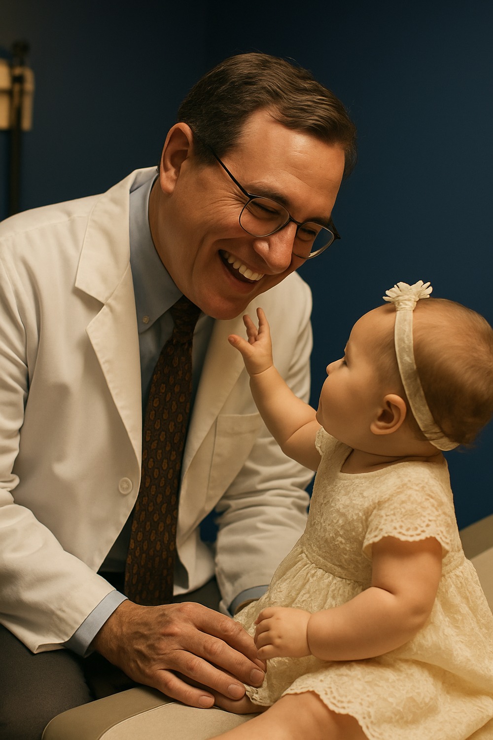 Smiling doctor in white coat joyfully interacting with healthy infant girl in lace dress