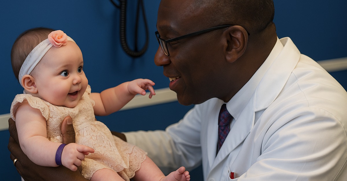 Pediatrician gently examining thriving baby girl in bright medical examination room