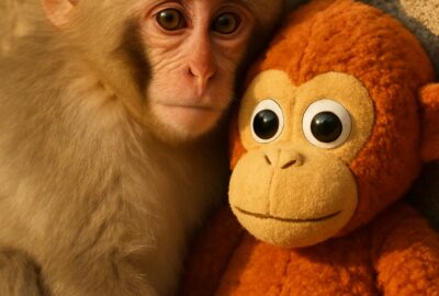 Baby Japanese macaque sitting beside orange stuffed monkey toy on sun-warmed rock