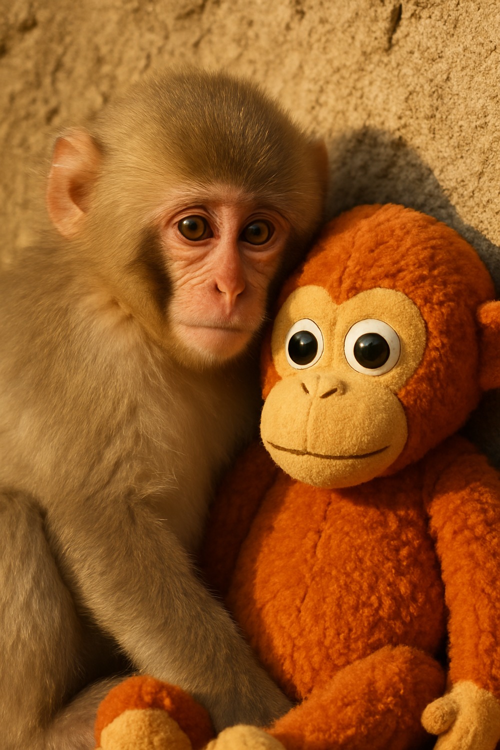 Baby Japanese macaque sitting beside orange stuffed monkey toy on sun-warmed rock