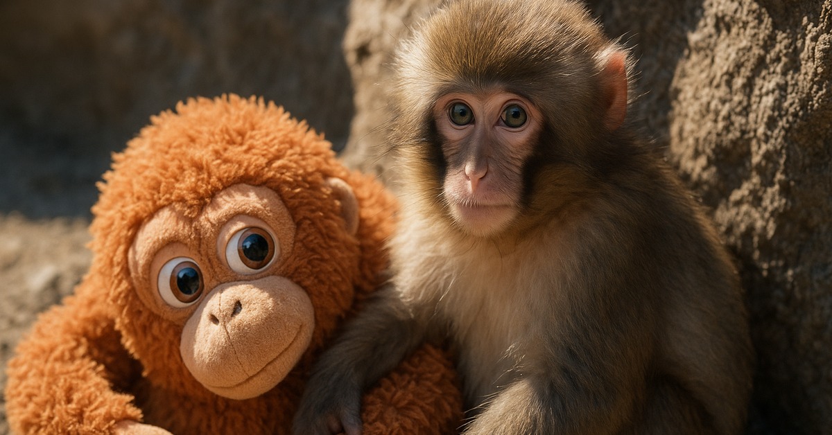 Juvenile snow monkey hugging plush orangutan toy in rocky zoo enclosure sunlight