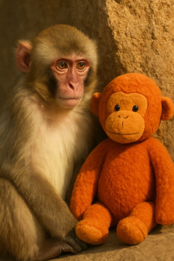 Young Japanese macaque sitting beside a burnt-orange stuffed monkey plush against a sunlit rock wall
