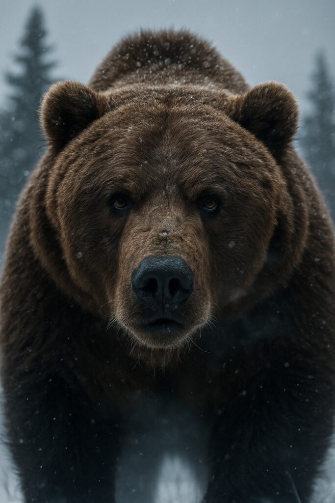 Massive grizzly bear walking through snow-covered coniferous forest toward camera in winter