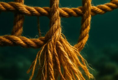 Fraying natural-fiber fishing net suspended underwater above rocky algae-covered seabed