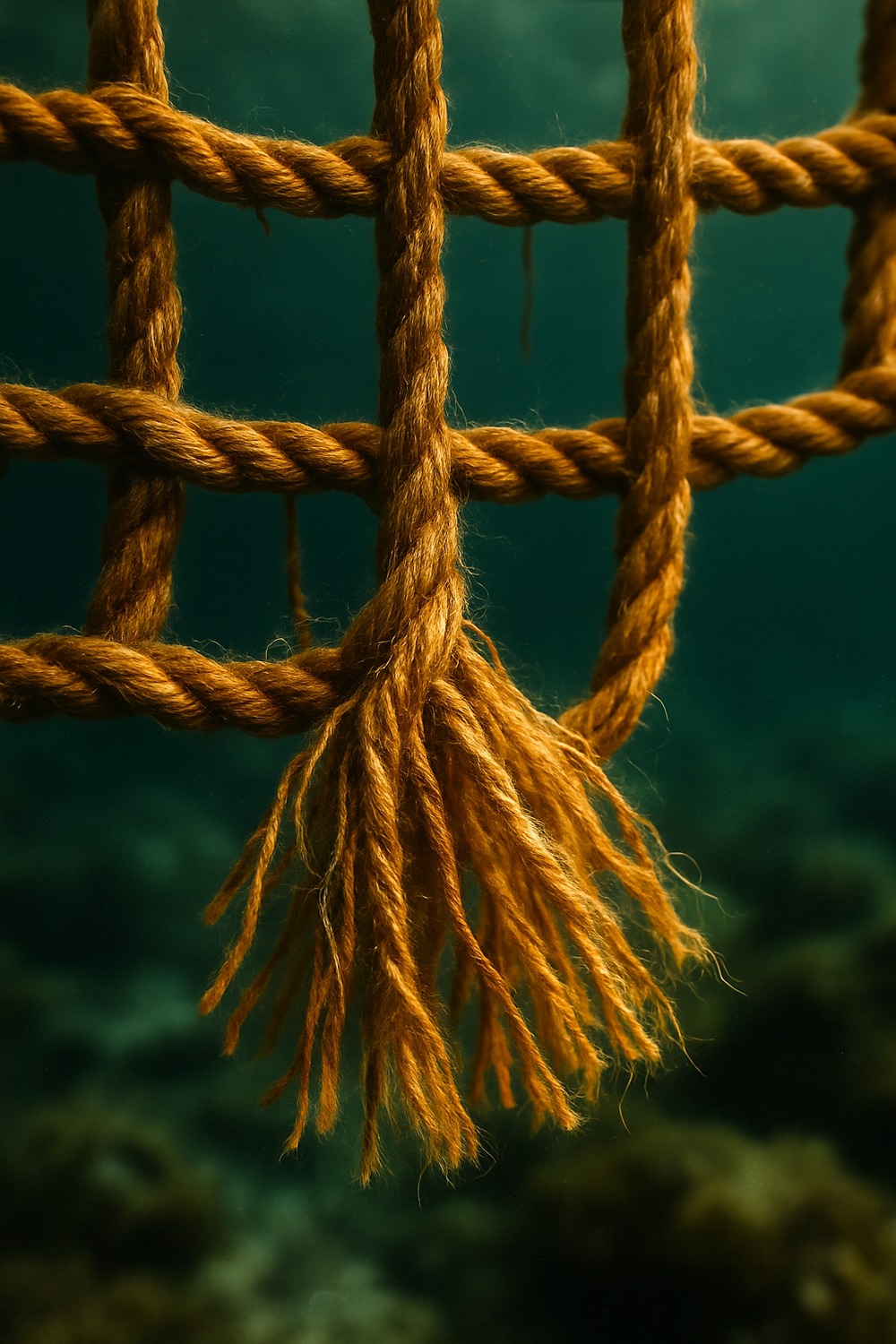 Fraying natural-fiber fishing net suspended underwater above rocky algae-covered seabed