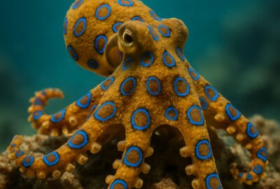 Blue-ringed octopus with glowing electric rings perched on coral reef