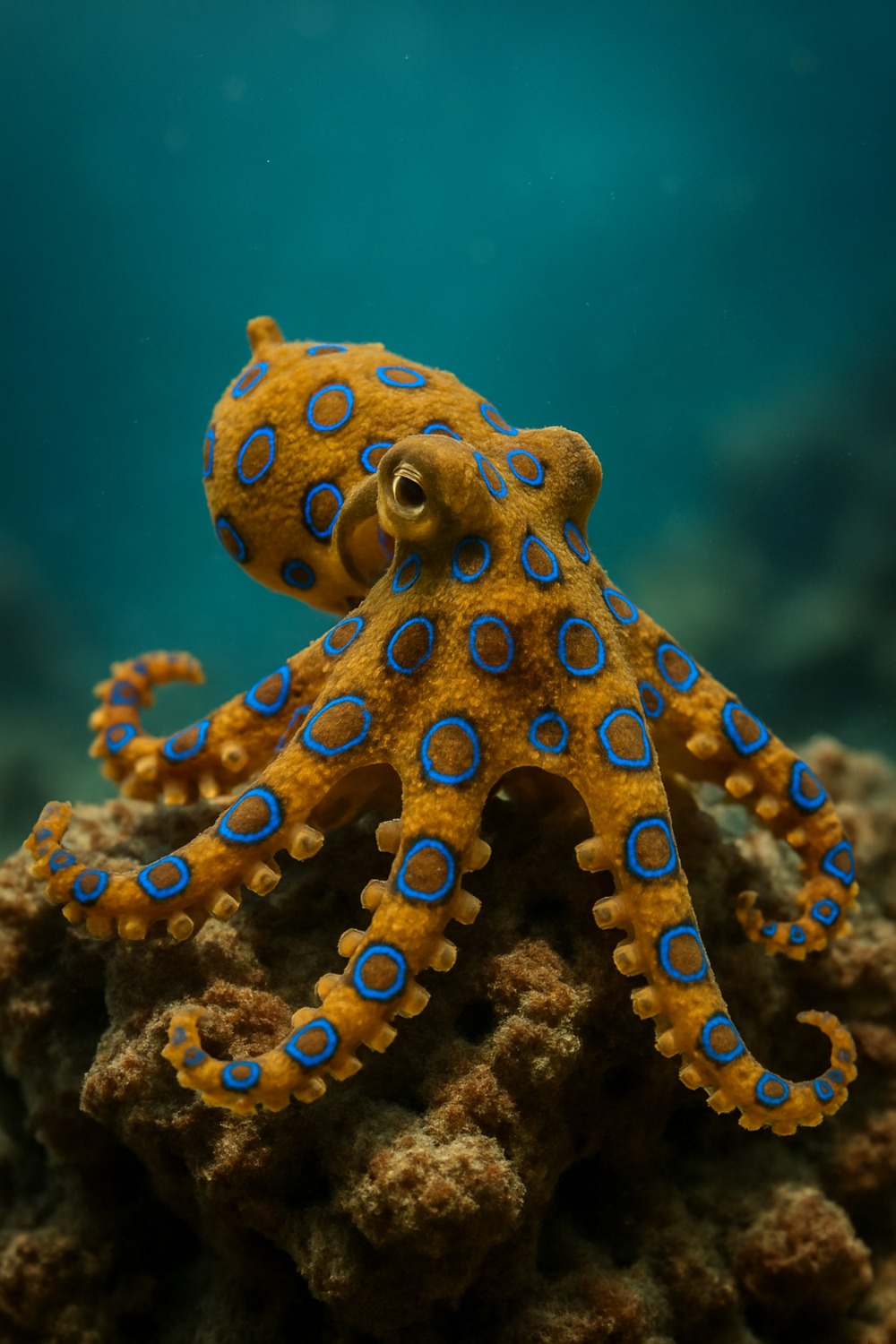 Blue-ringed octopus with glowing electric rings perched on coral reef
