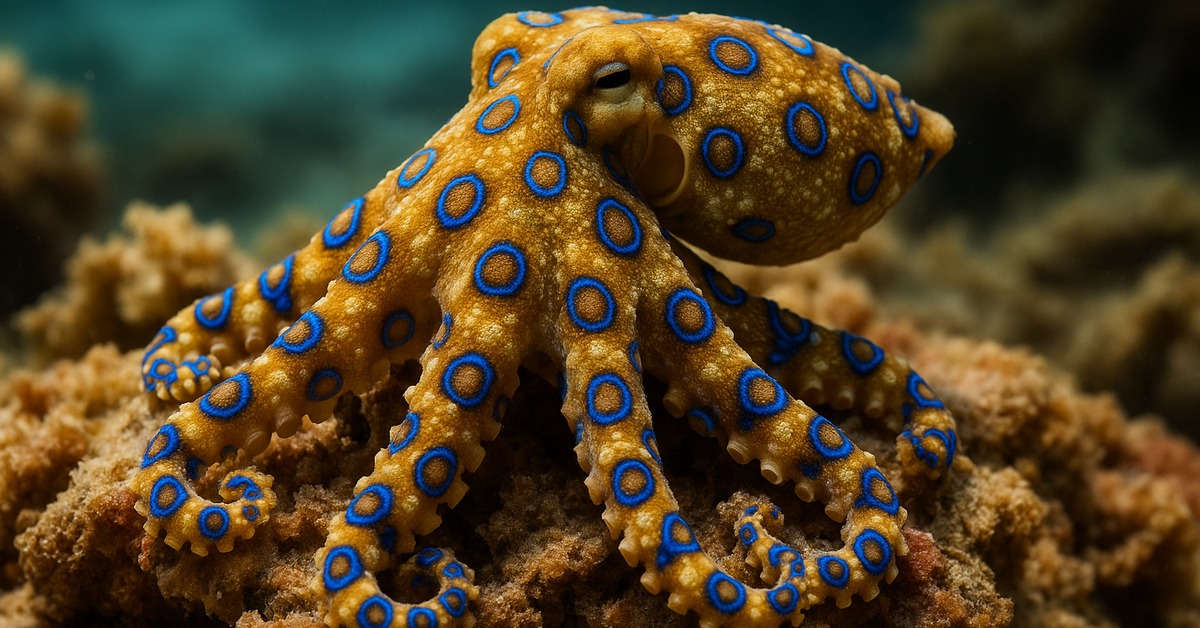 Overhead view of blue-ringed octopus arms spread wide on sandy reef