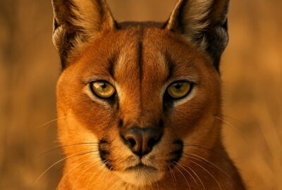 A wild caracal stands alert on a dusty savanna track at golden hour