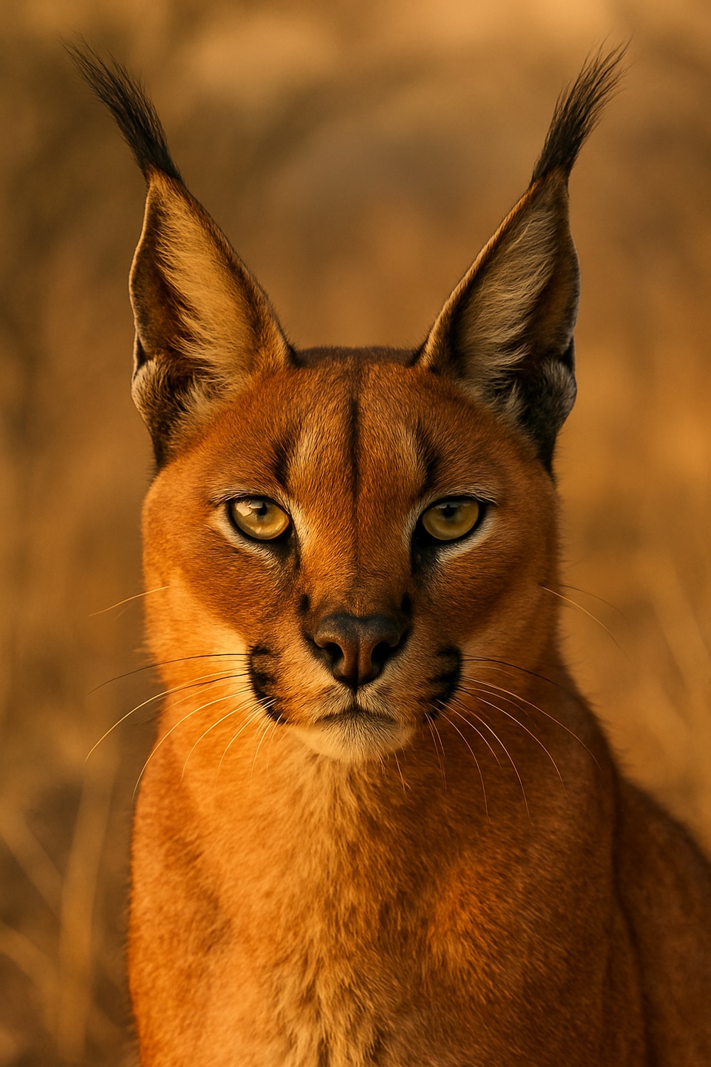A wild caracal stands alert on a dusty savanna track at golden hour