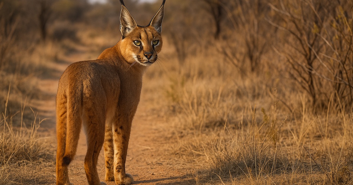 Caracal crouching low in dry African scrubland, ear tufts sharply visible