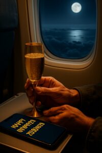 Passenger raising champagne flute on New Year's Eve flight crossing the International Date Line