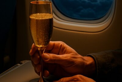 Passenger raising champagne flute on New Year's Eve flight crossing the International Date Line