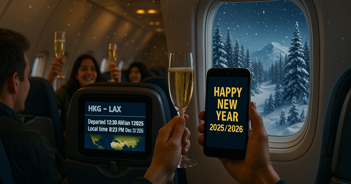 Airplane cabin passengers celebrating New Year