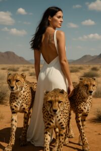 Woman in white gown stands in Namibian desert as three cheetahs approach from behind