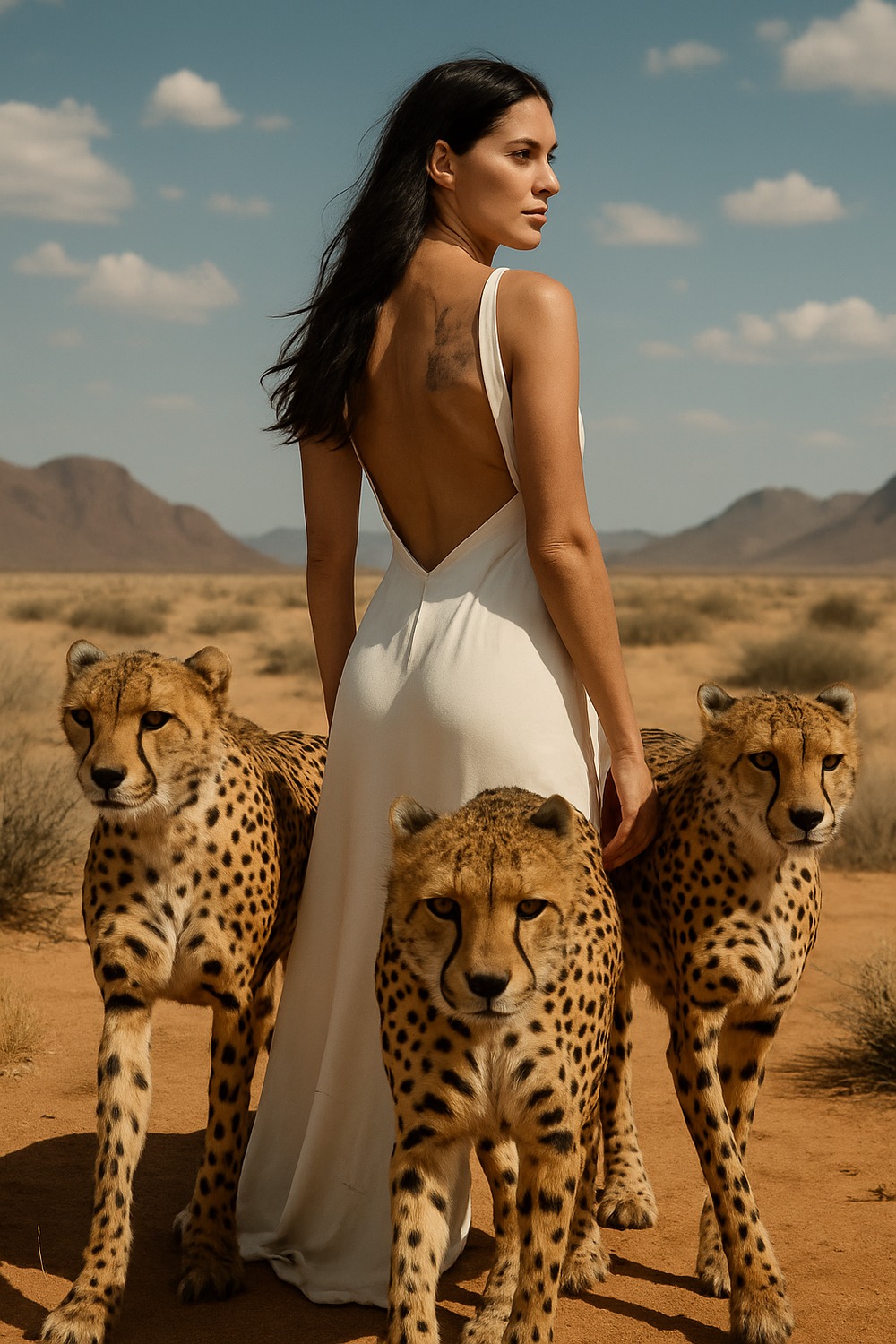 Woman in white gown stands in Namibian desert as three cheetahs approach from behind