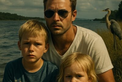 Father and two young children standing solemnly on a sandy Florida riverbank under dramatic clouds