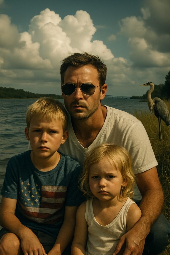 Father and two young children standing solemnly on a sandy Florida riverbank under dramatic clouds